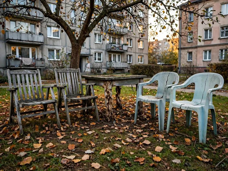 Zszarzałe drewniane meble ogrodowe i popękane plastikowe krzesła pod jabłonią