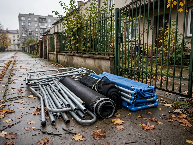Rozebrana rama trampoliny, mata i złożony basen przy furtce przed zbiórką