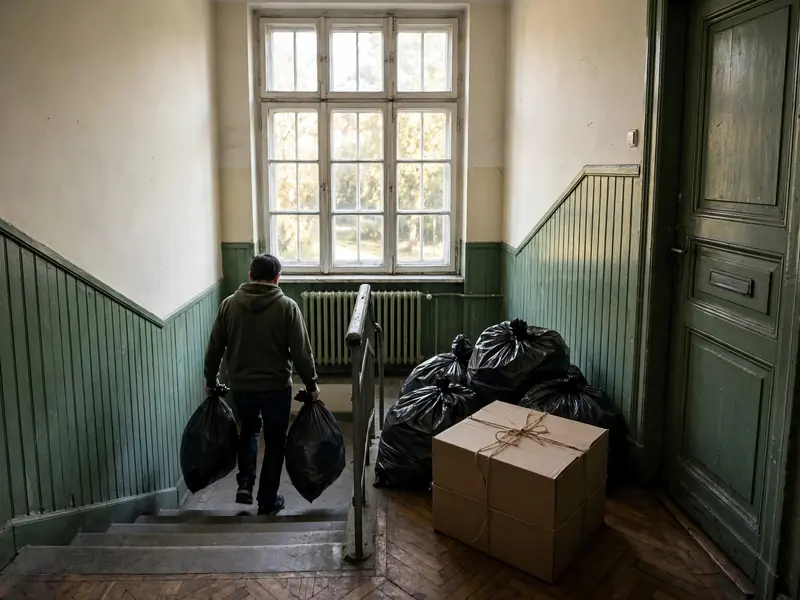 Pracownik widziany od tyłu znosi worki po schodach klatki schodowej w bloku